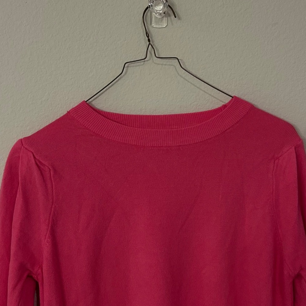 Dèluc Hot Pink Puff Sleeve Sweater Womens Medium Lightweight Knit Crew Neck Soft - Picture 4 of 11